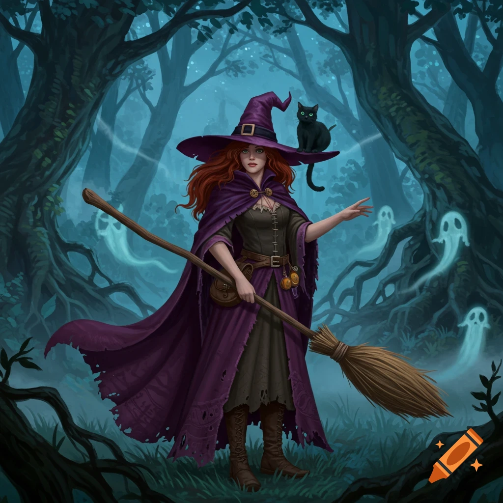 A red-haired witch in a purple hat and cape holds a broom, with a black cat on her hat, in a spooky forest with ghosts.