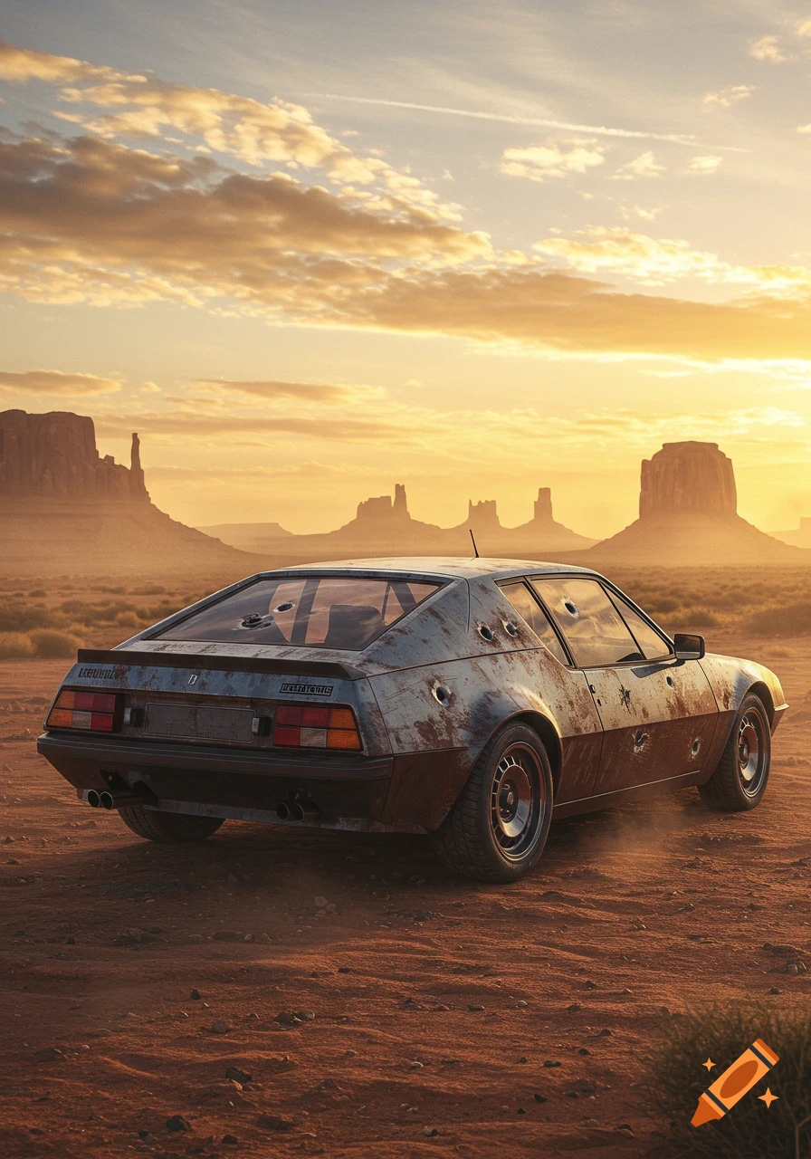 A rusty, bullet-riddled vintage sports car with a fastback design in a desert landscape at sunset, with mesas in the background.
