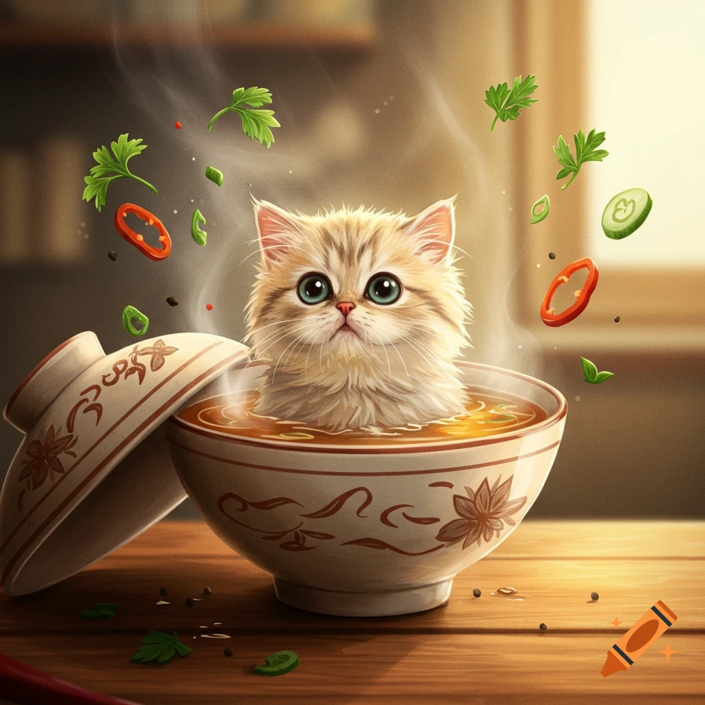 A fluffy, big-eyed kitten sits happily in a steaming bowl of soup, surrounded by floating herbs and red pepper slices.