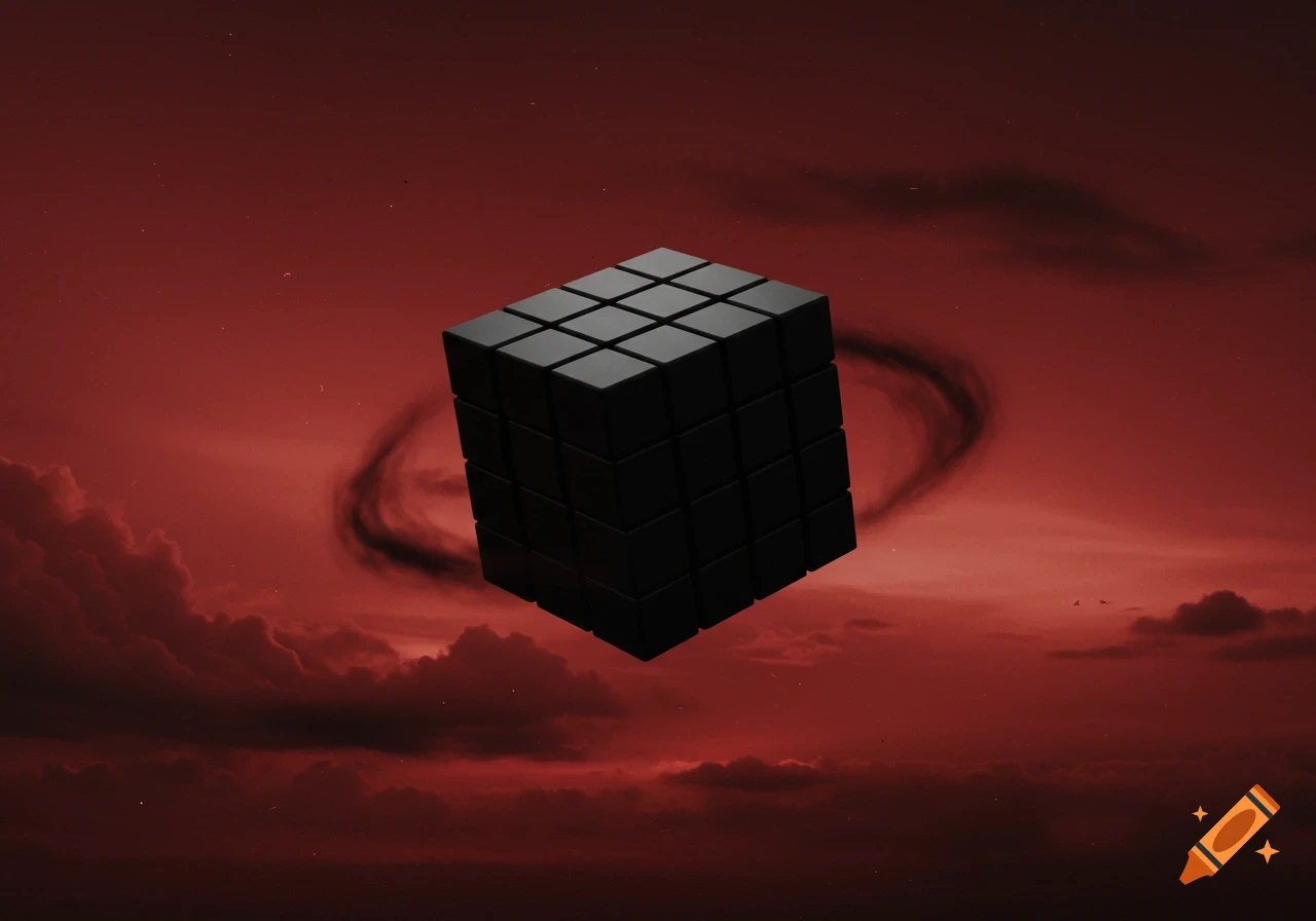 A black Rubik's Cube with black squares floats in a dramatic red sky with dark clouds and a subtle black swirl.