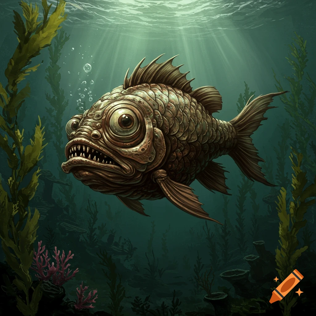 A grotesque, spiky brown fish with huge eyes and sharp teeth swims in dark green ocean water with seaweed and light rays.