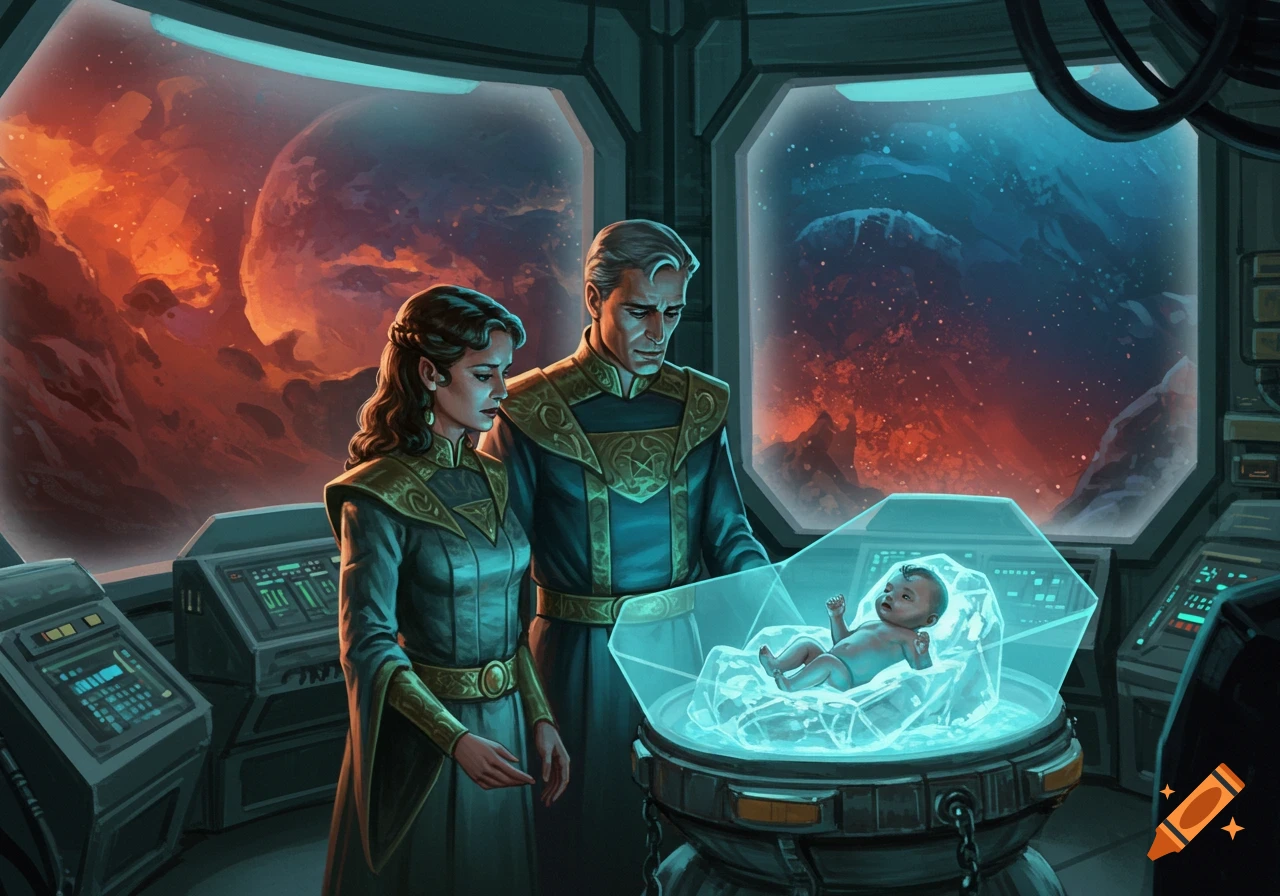 A man and woman in sci-fi attire gaze at a baby in a glowing birthing matrix on a spaceship overlooking a fiery planet.