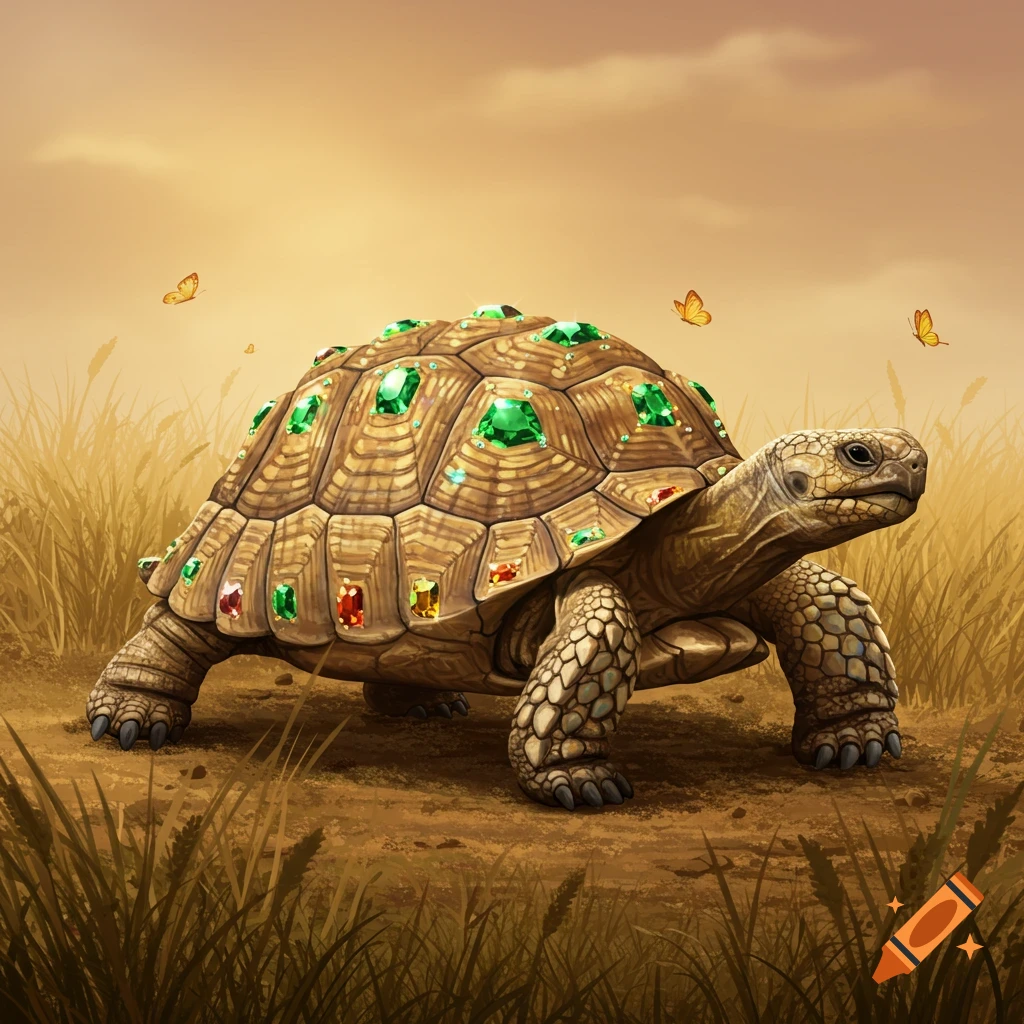 A Sulcata tortoise with a shell adorned with cut gemstones walks through a grassy field with butterflies, digital art.