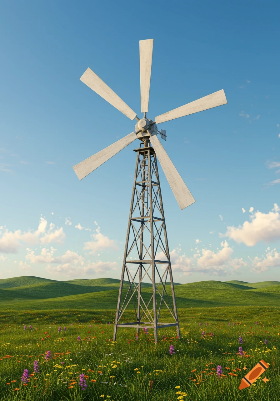 A tall, old-fashioned windmill stands in a vibrant green field filled with wildflowers under a clear blue sky with white clouds.