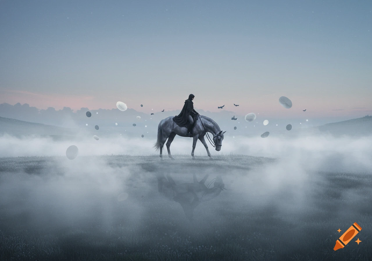 A cloaked rider on a horse walks through a misty, surreal landscape with floating stones and distant hills under a twilight sky.