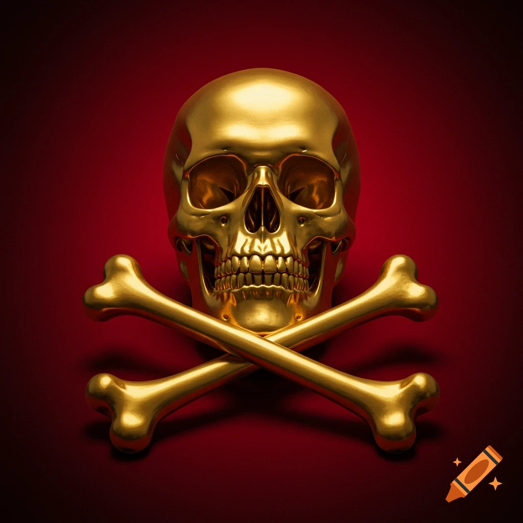 A highly polished golden skull and crossed bones against a deep red background.