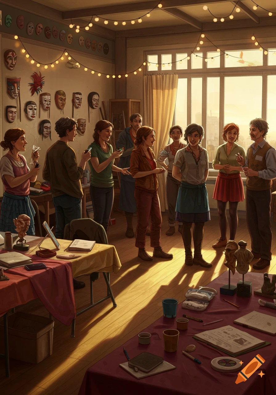 A group of people networking in a sunny art studio filled with masks on the wall and creative supplies on tables.