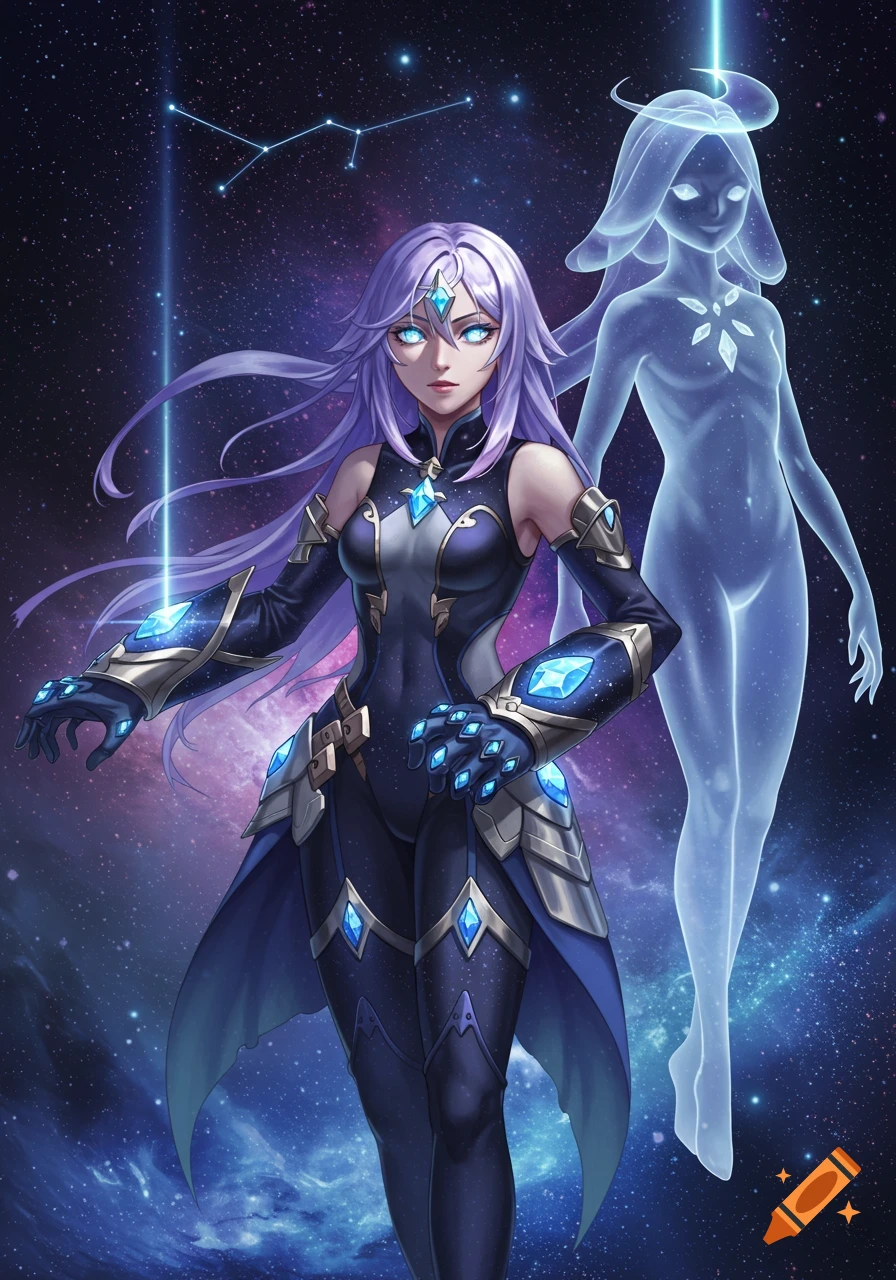Anime woman in armored suit with blue gems stands in space beside a glowing ethereal figure, a constellation visible above.