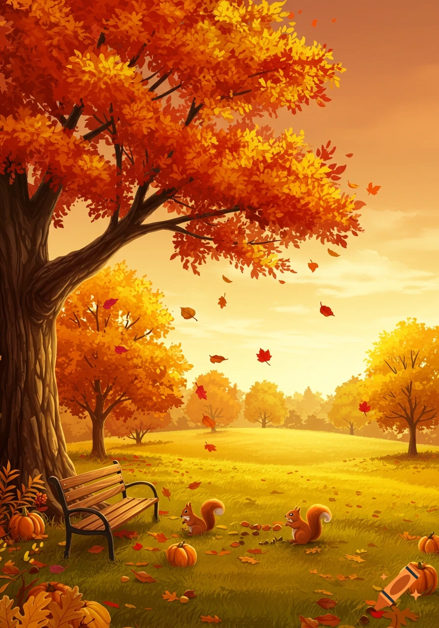 Illustrated autumn park scene with a large tree, a bench, squirrels, and pumpkins on grassy ground under a warm sky.