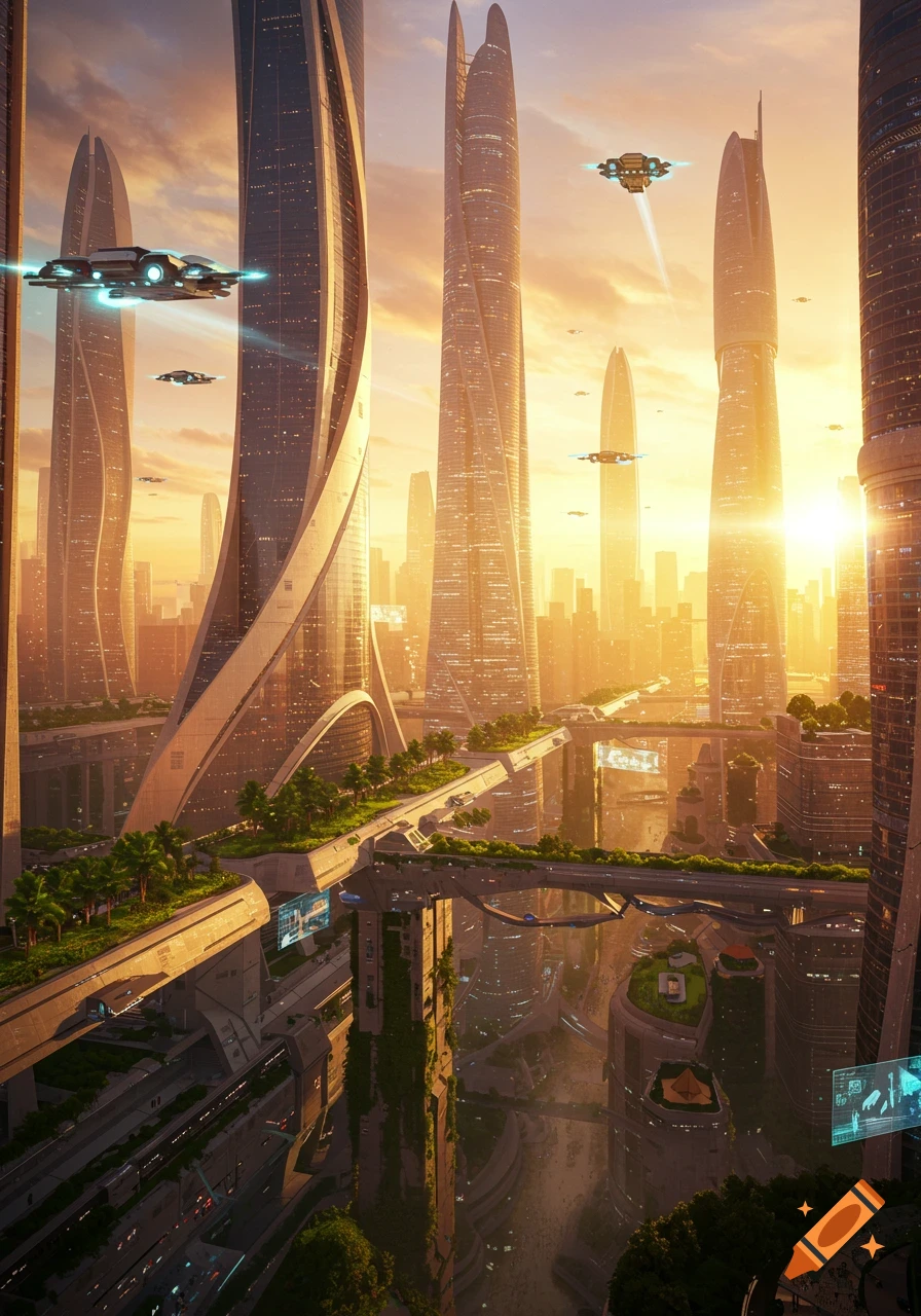 A vibrant, photorealistic futuristic cityscape at sunrise with towering buildings and flying vehicles.