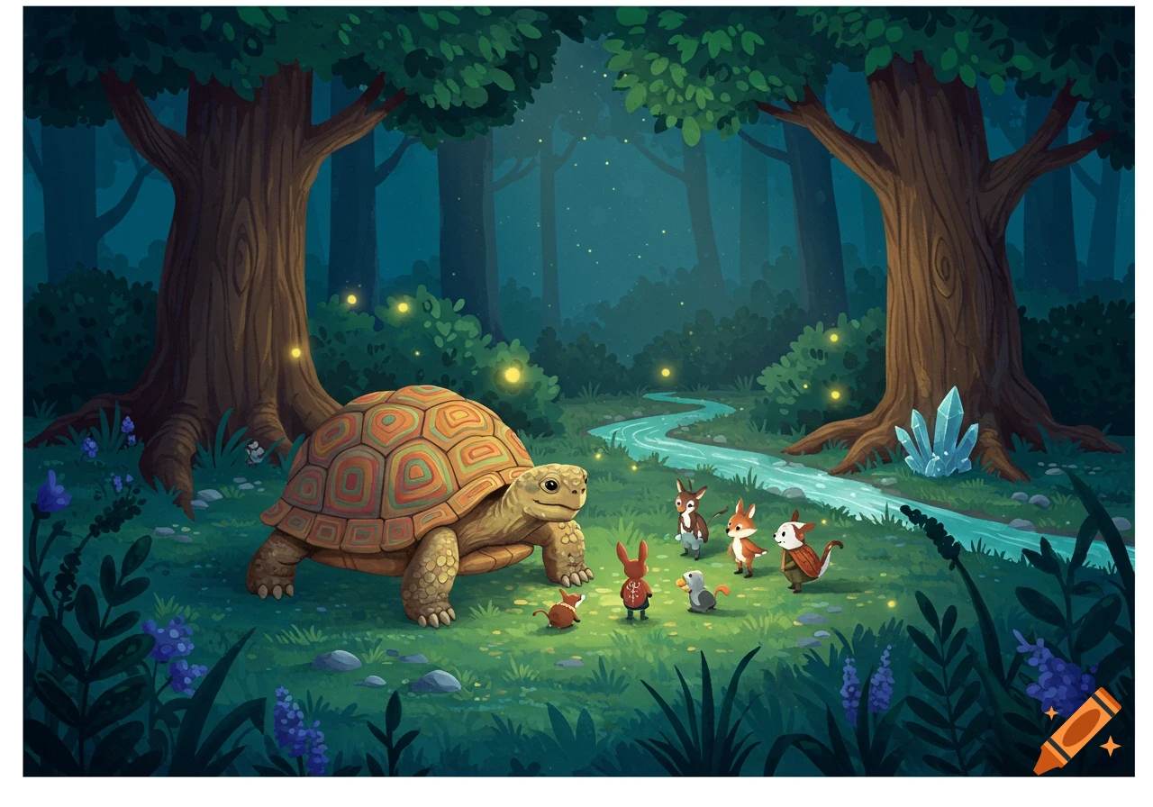 A whimsical illustration of a large tortoise and small forest animals by a stream in a magical, firefly-lit forest at night.