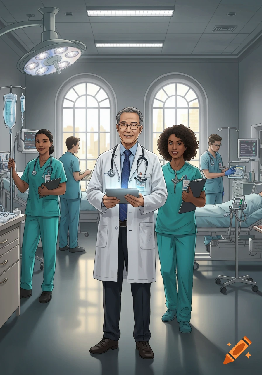 Illustrated diverse medical staff in a busy hospital room, with a doctor holding a tablet in the foreground.