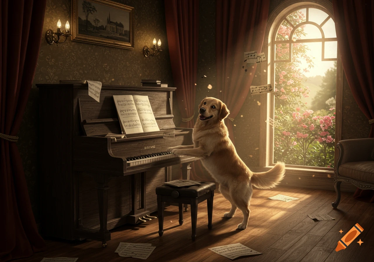 A golden retriever dog stands on its hind legs playing an upright piano in an elegant room, with music notes floating.