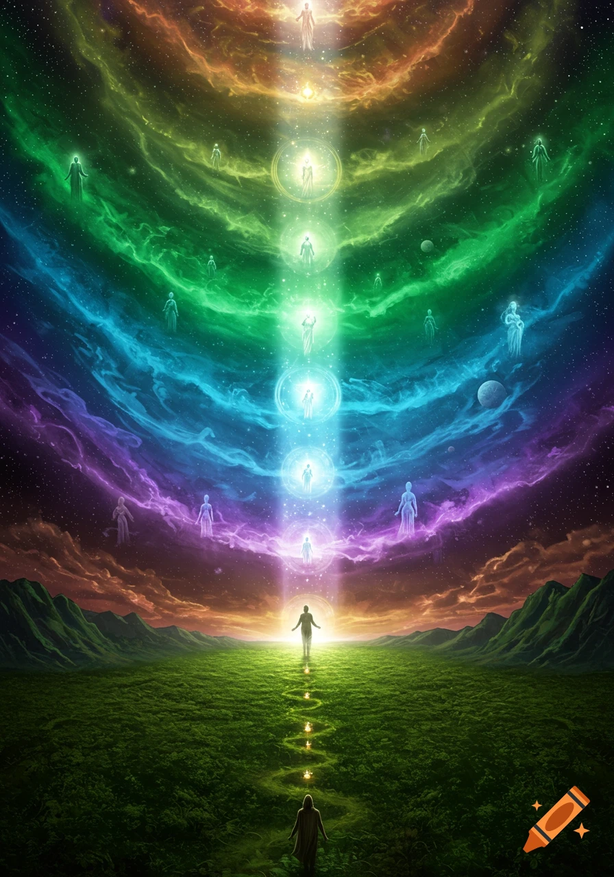 A spiritual journey from a green landscape through a vibrant cosmic sky, with glowing figures ascending a light beam.
