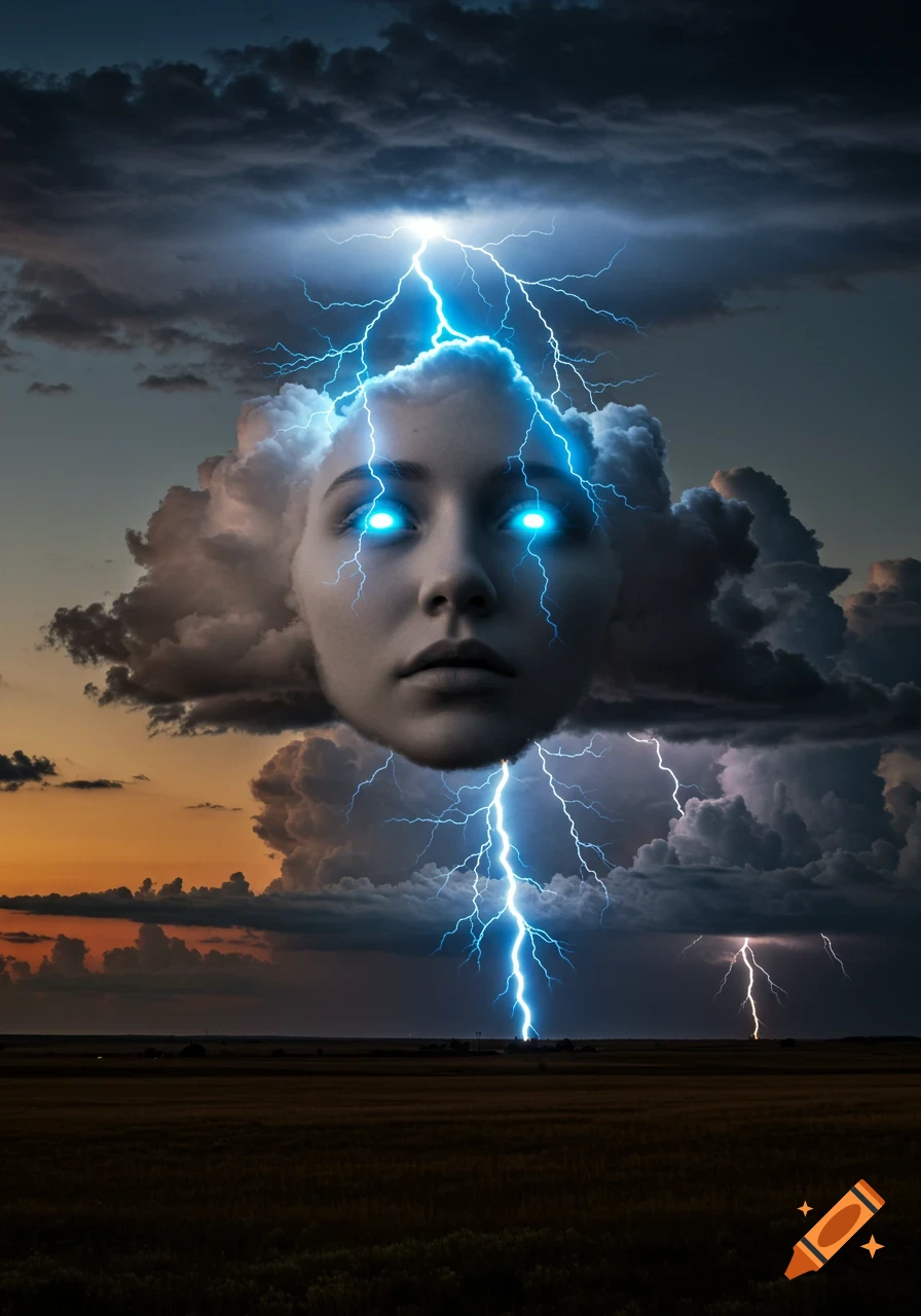 Photorealistic face with glowing blue eyes in stormy clouds, surrounded by lightning over a field at dusk.