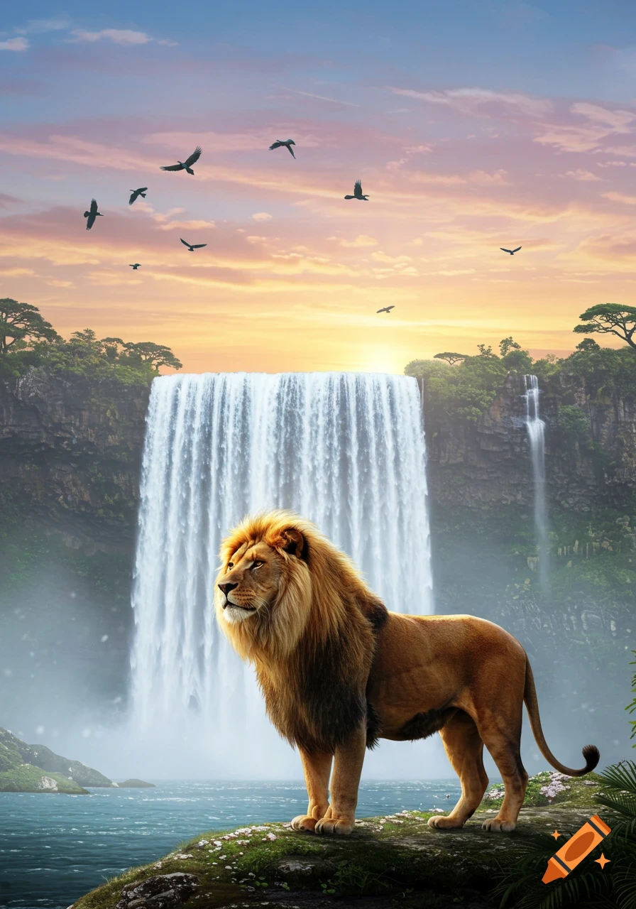 A majestic lion stands on a rock before a large waterfall with birds flying in a vibrant sunset sky. Photorealistic.