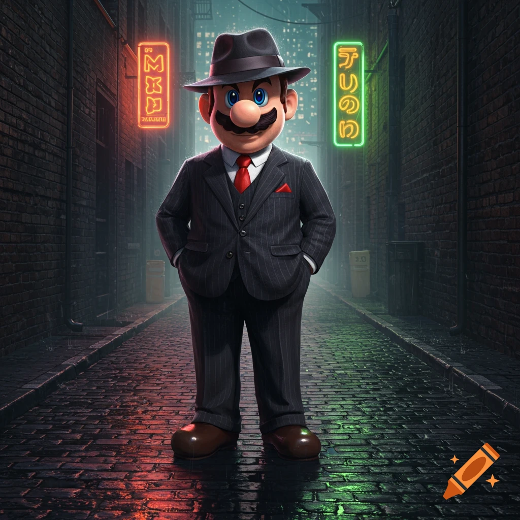 Mario dressed as a gangster in a pinstripe suit and fedora, standing in a dark, wet urban alley with neon signs.