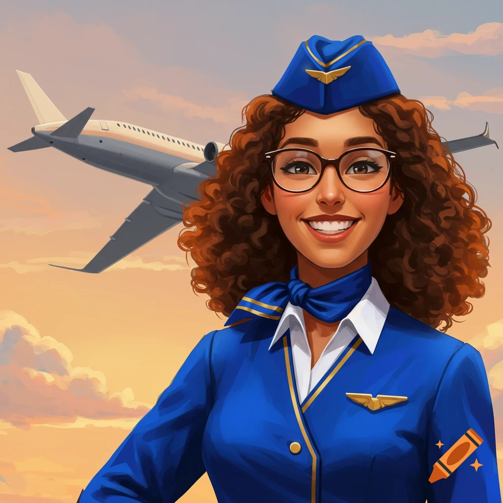 Smiling female flight attendant with curly hair and glasses in a blue uniform, with an airplane in an illustrative style.