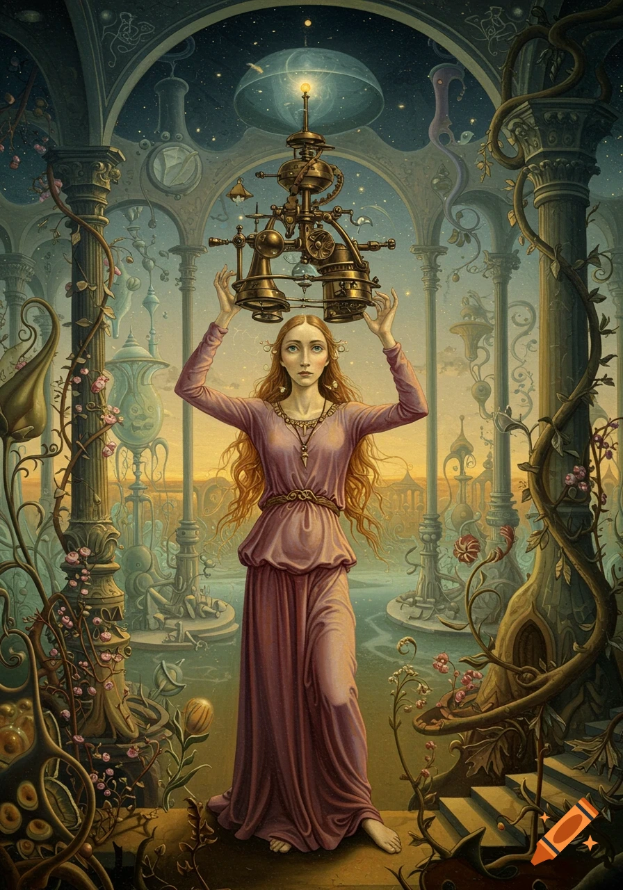 A woman with long red hair in a purple gown holds an intricate brass device over her head in a surreal, ornate architectural and botanical landscape under a starry night sky, rendered in the style of an oil painting.