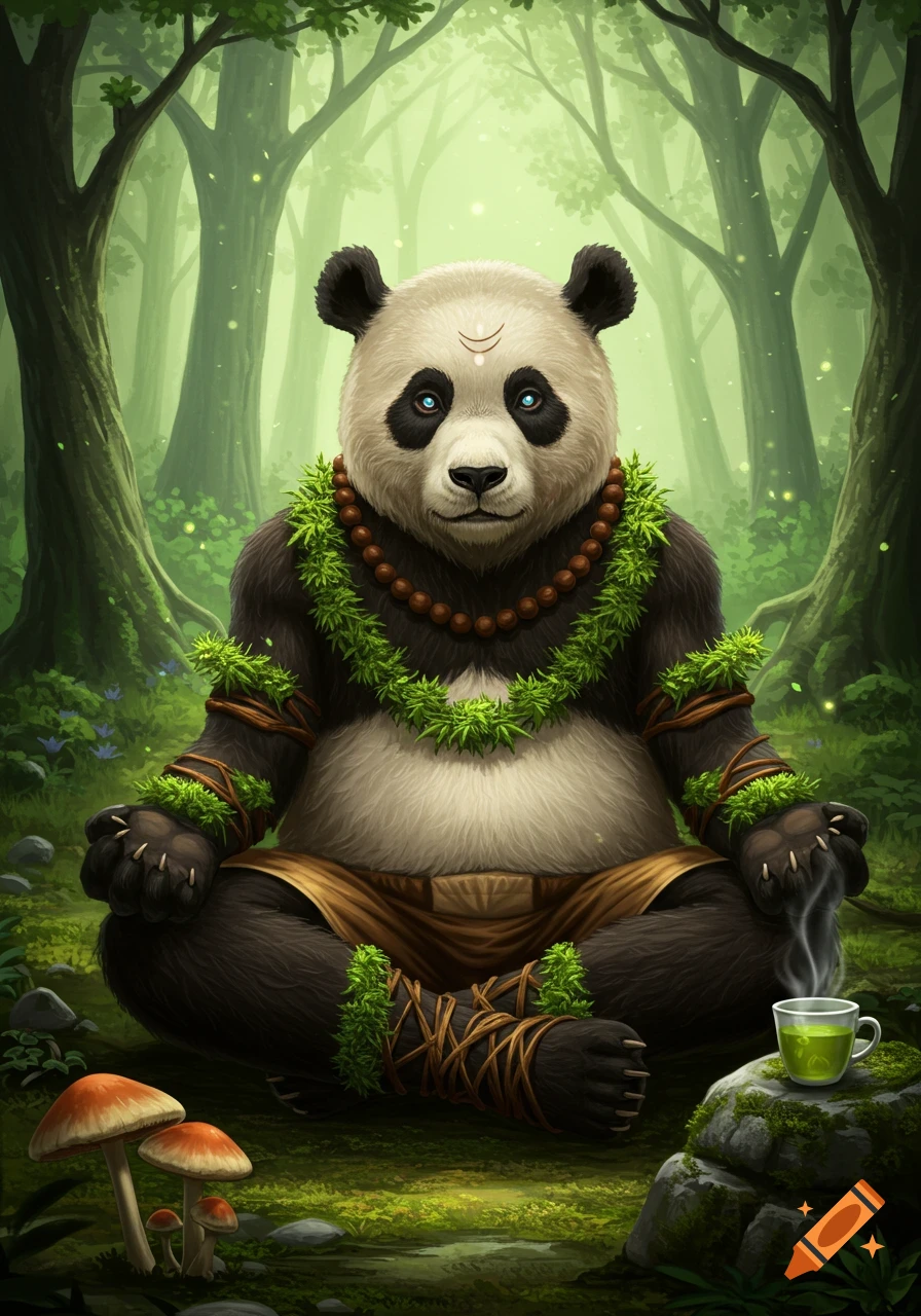A wise, meditating panda in a lush forest, adorned with leafy garlands and beads, with mushrooms and a cup of green tea nearby.