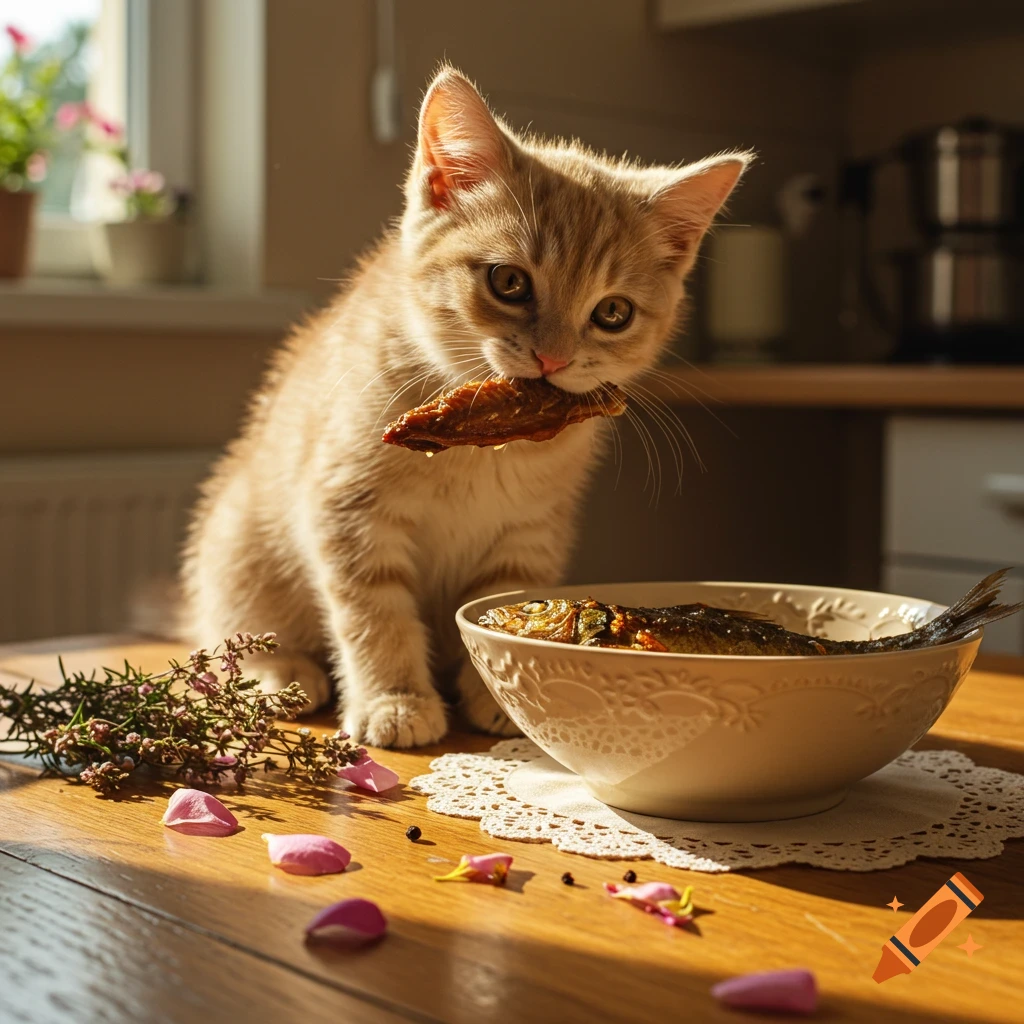 A cute golden kitten holds a cooked fish in its mouth, next to a bowl of fish on a wooden table.