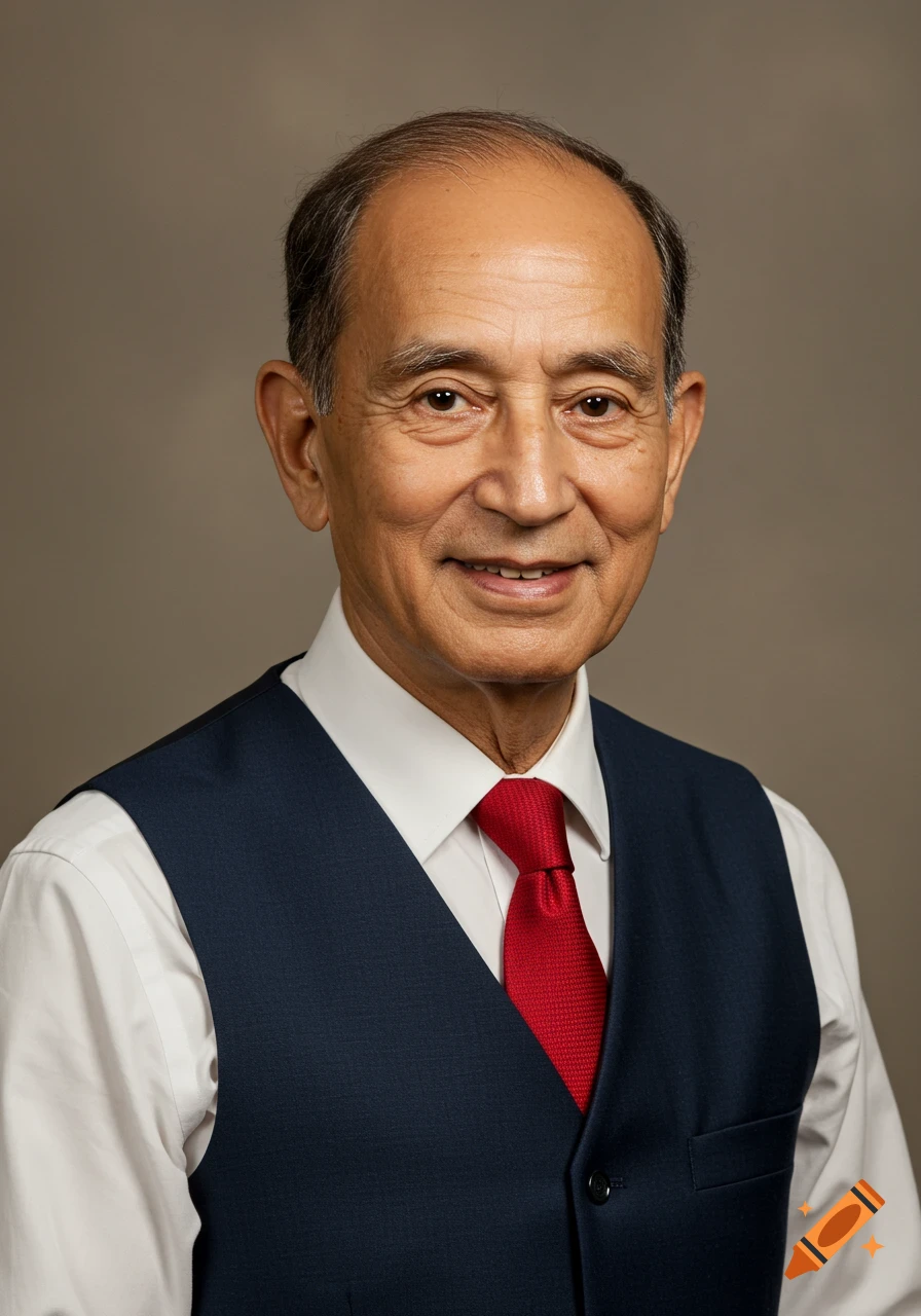 Photorealistic portrait of a smiling older man with dark hair, wearing a white shirt, dark blue vest, and red tie.