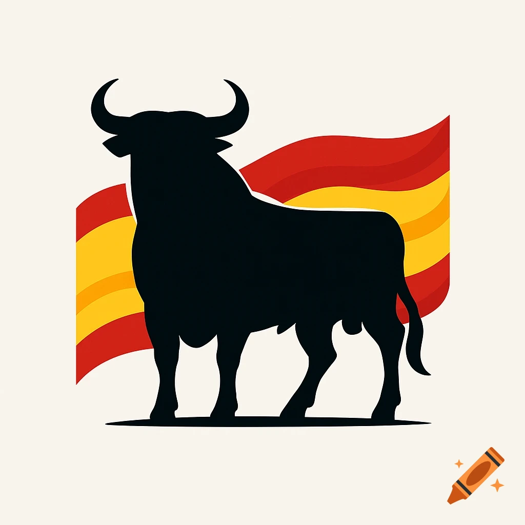 A black bull silhouette stands in front of a waving Spanish flag in a stylized logo design.