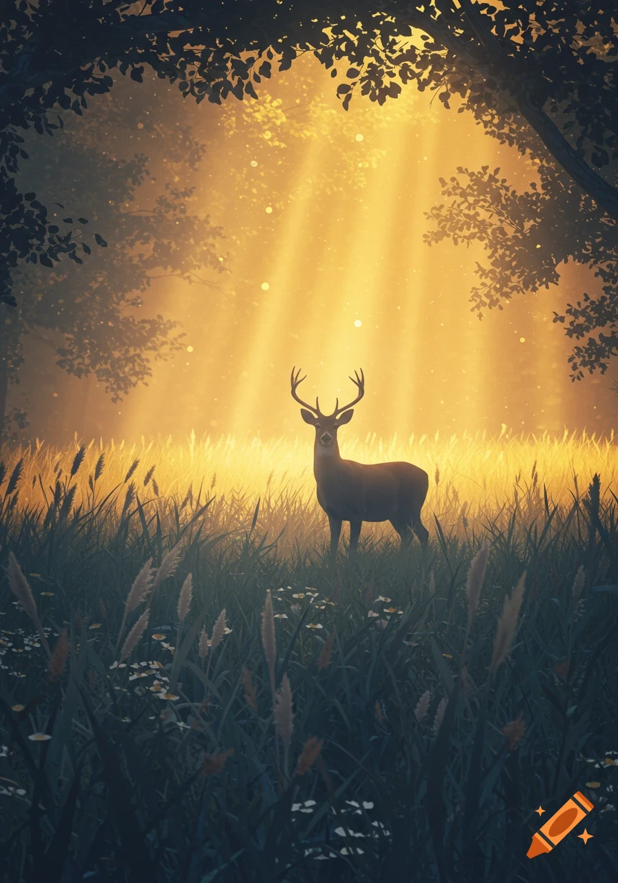 A majestic deer stands in a sun-drenched forest clearing amidst tall grass, with golden light rays filtering through the trees.