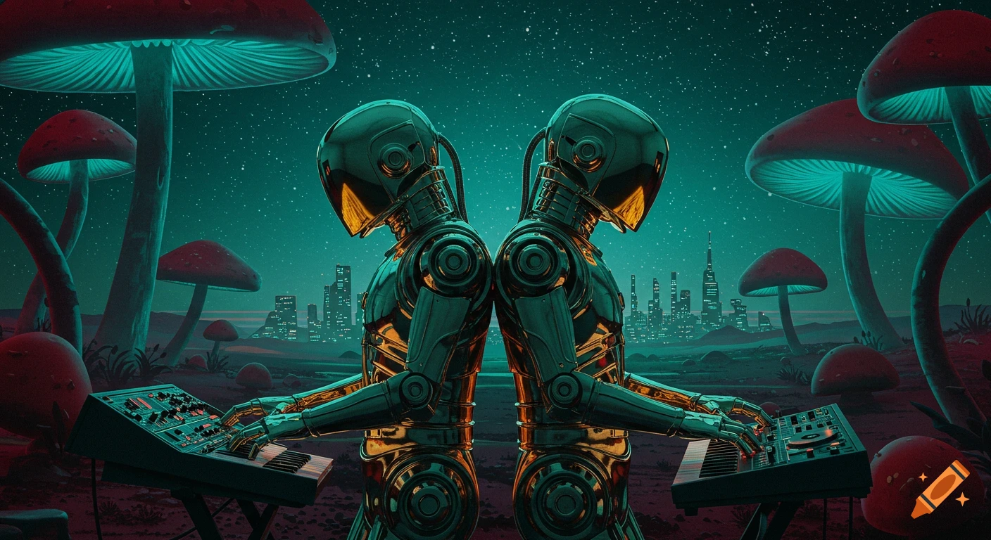 Two retro-futuristic robotic musicians play synthesizers in an alien landscape with giant mushrooms and a neon city under a starry sky.