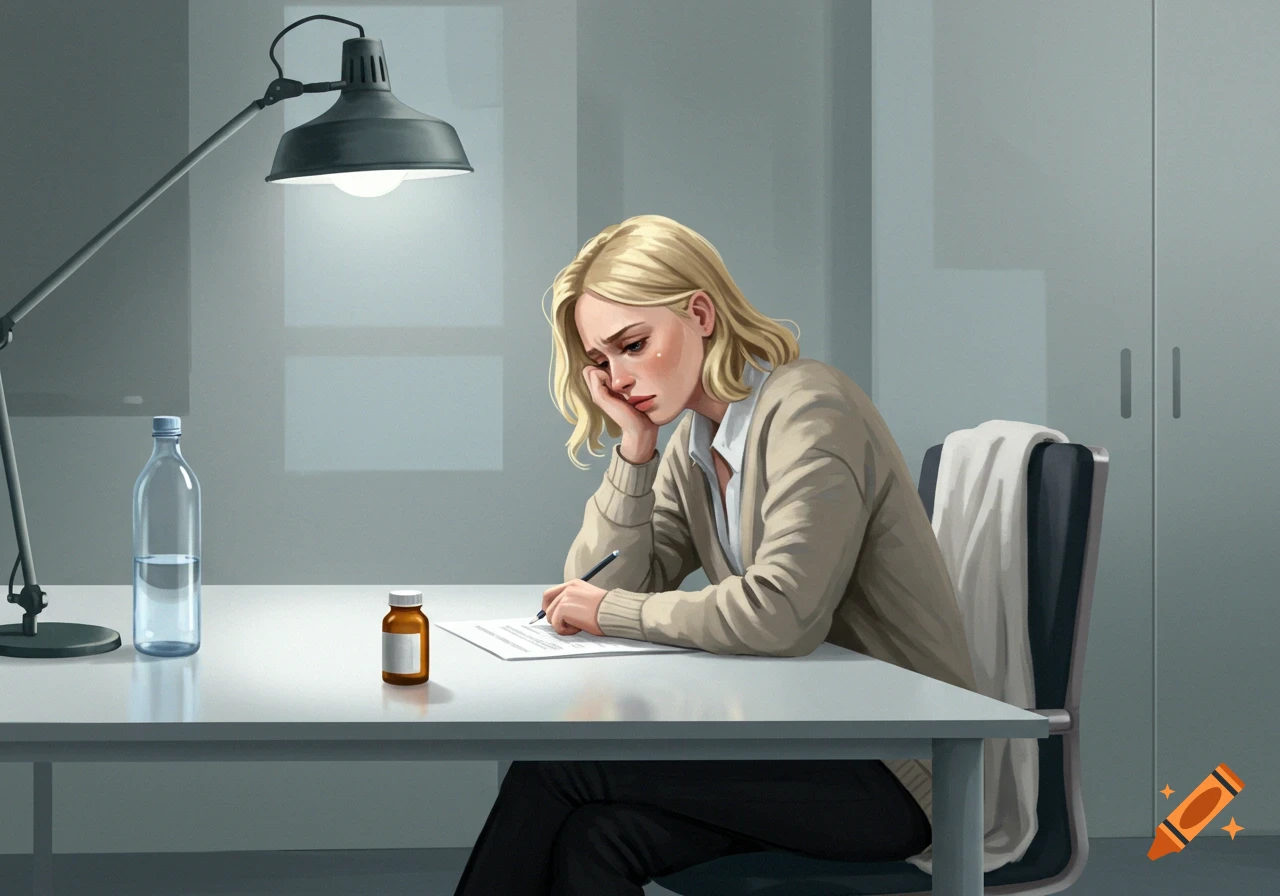 A sad blonde woman sits at a desk in a neutral-colored office, writing on paper with a water bottle and pill bottle nearby. Digital illustration.