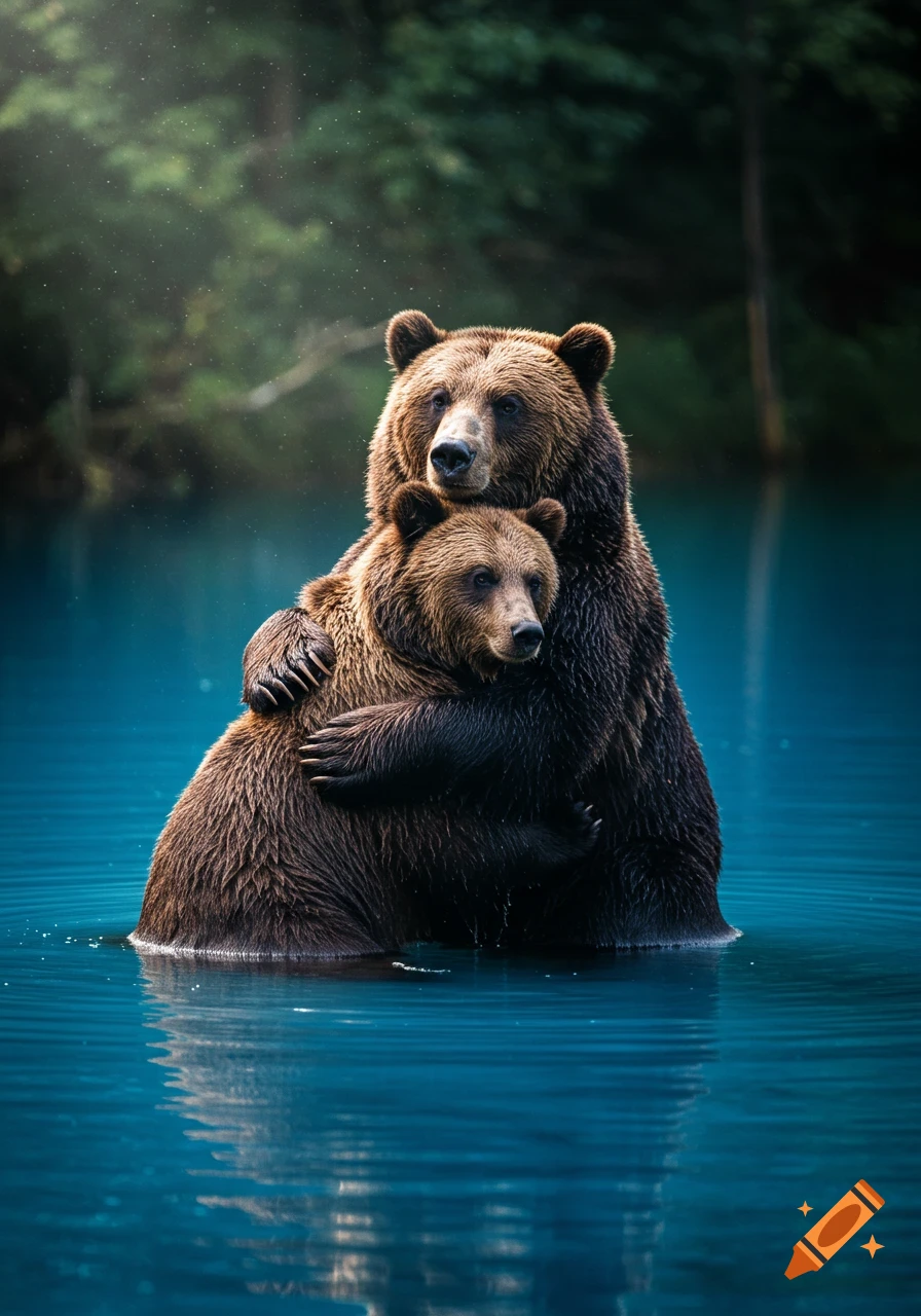 Two brown bears embrace in clear blue water with a green forest background in a photorealistic style.