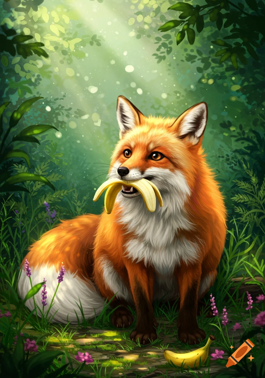 A fluffy orange and white fox sitting in a lush forest, holding two peeled bananas in its mouth, with one unpeeled banana on the ground.