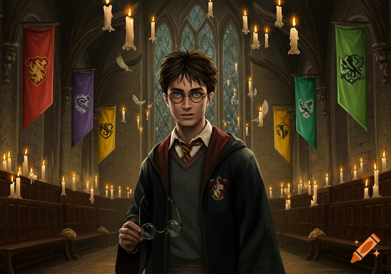 A detailed illustration of Harry Potter standing in Hogwarts Great Hall, holding his glasses, with floating candles and house banners.