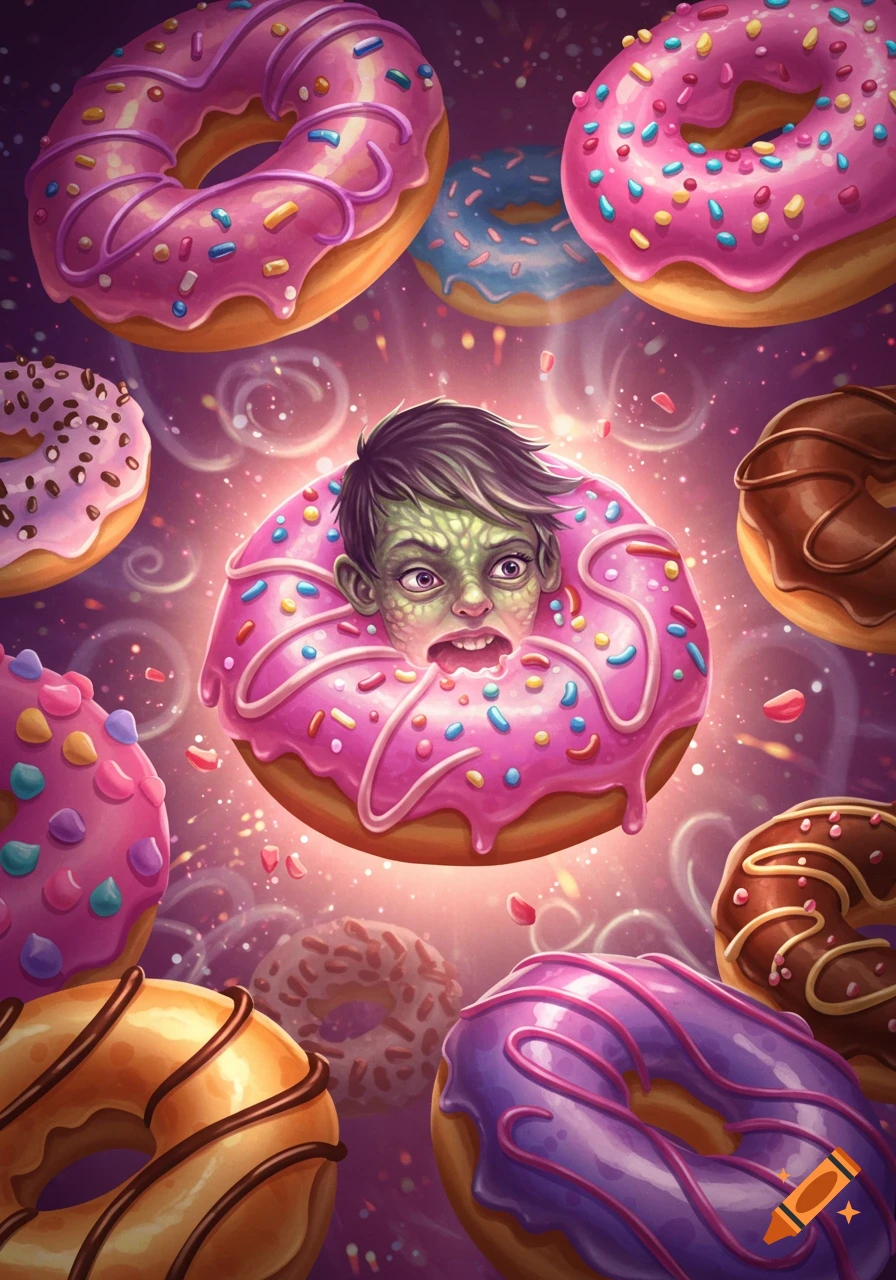 A green monster head emerges from a pink sprinkle donut, surrounded by other colorful donuts in a magical purple void, illustration.