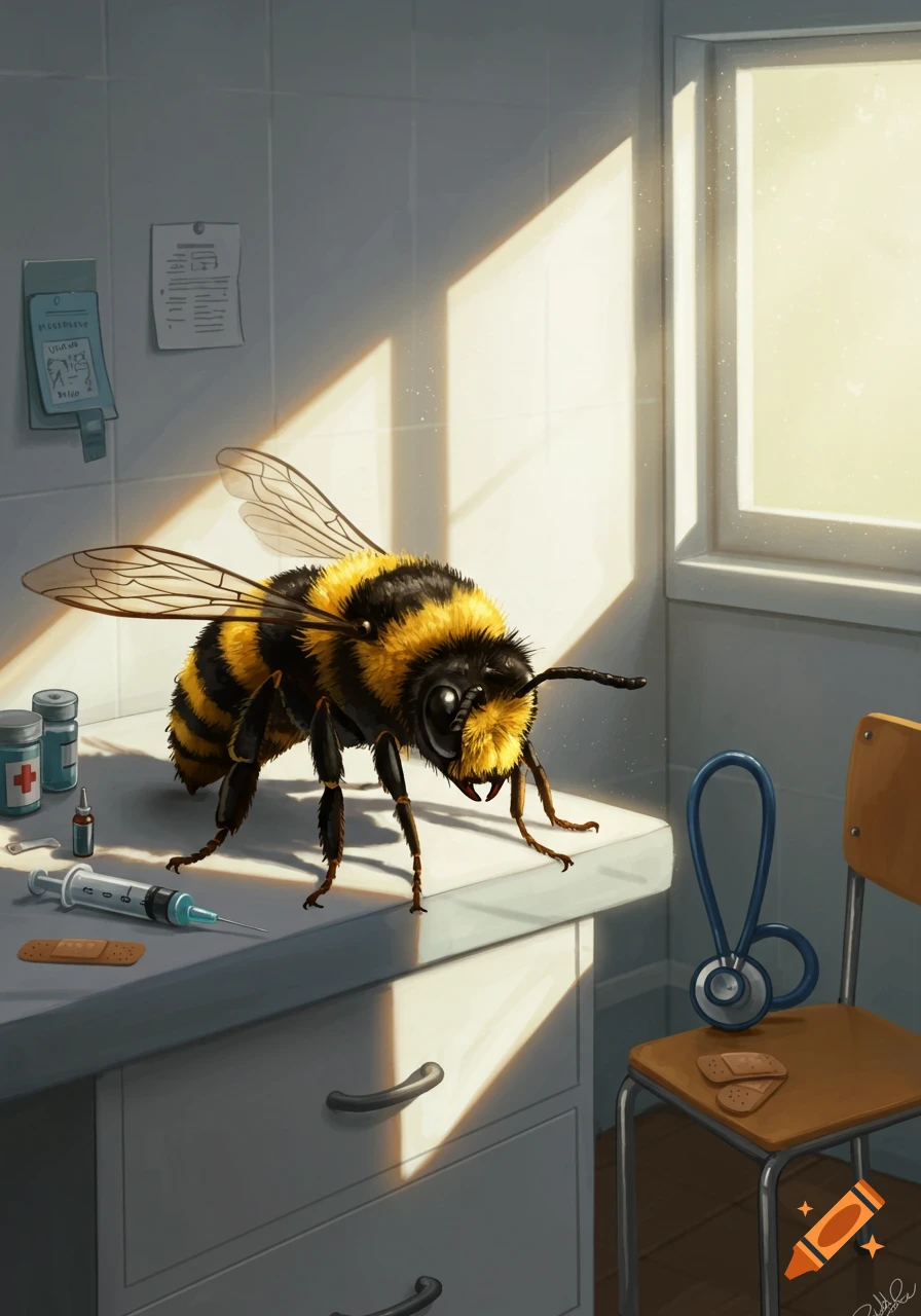 A large, furry bumblebee sits on a white counter in a doctor's office, surrounded by medical supplies and bathed in sunlight from a window.