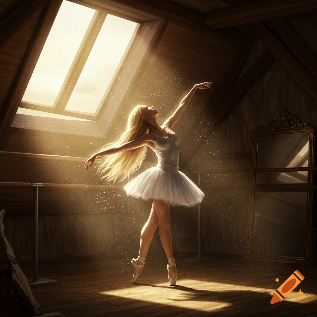 A blonde ballerina in a white tutu and pointe shoes dances an arabesque in a sunlit attic studio with sparkling dust.