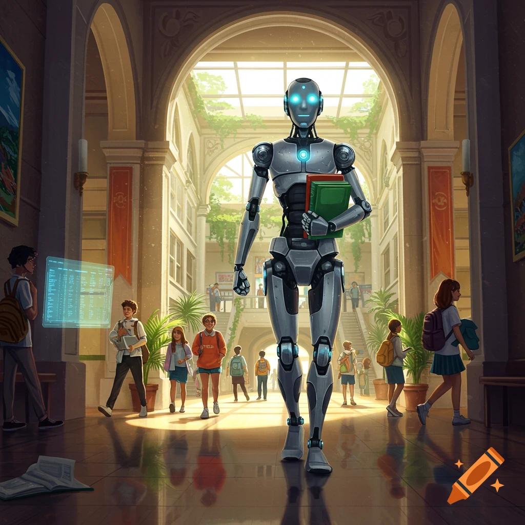 A robot holding books walks through a large, brightly lit school hallway with an archway, surrounded by diverse students.