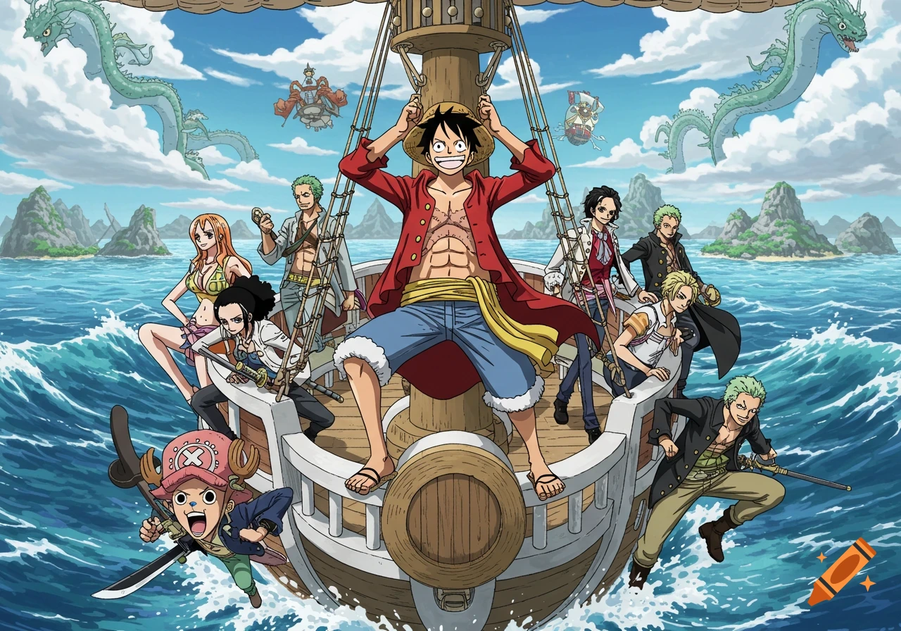 The Straw Hat Pirates from One Piece, including Luffy, Zoro, Nami, and Chopper, on their ship sailing the sea, with dragons in the sky. Anime style.