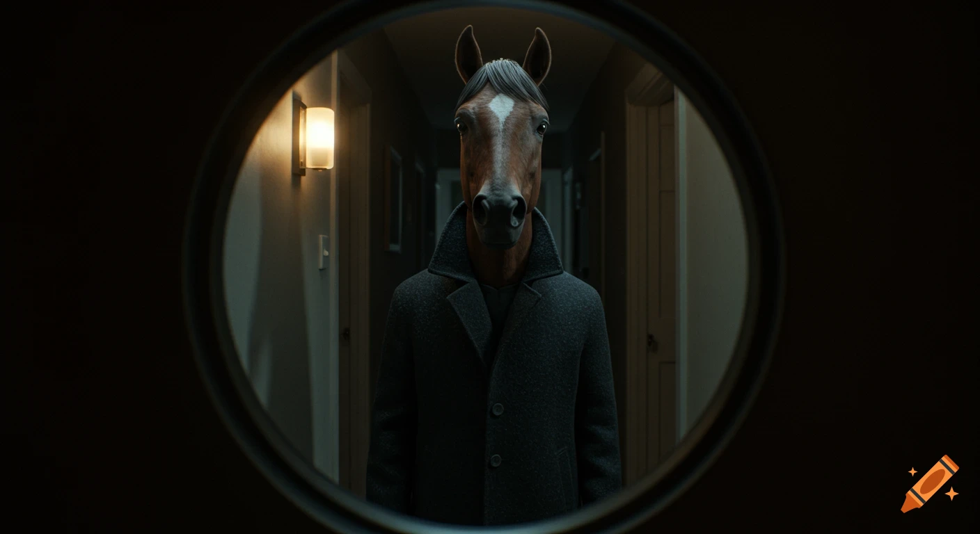 Photorealistic image of a horse-headed person in a dark overcoat, staring through a peephole into a dimly lit hallway.