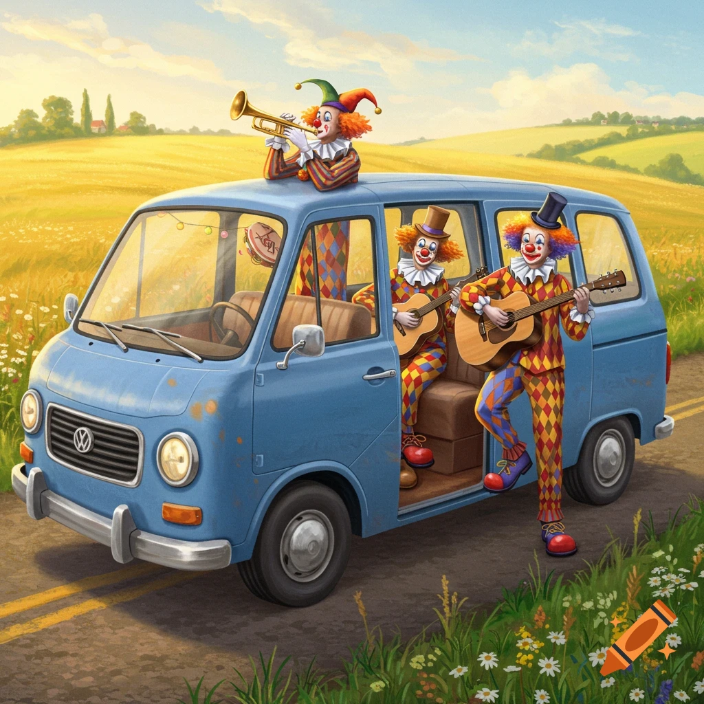 Three cheerful clowns in harlequin costumes play musical instruments from and around a blue minivan parked on a country road amidst golden fields.