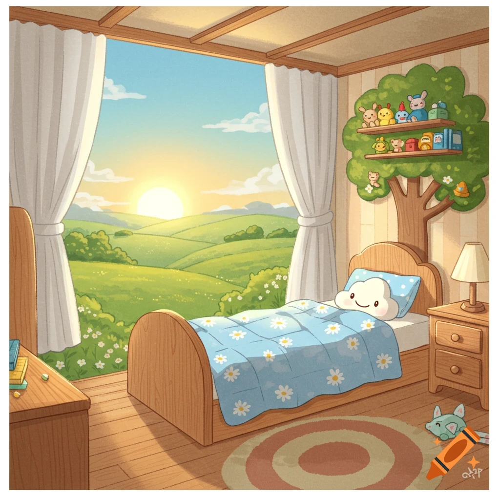 A cheerful cartoon bedroom with a window overlooking a sunny, green landscape. A bed with a cloud pillow and toys on a tree shelf.