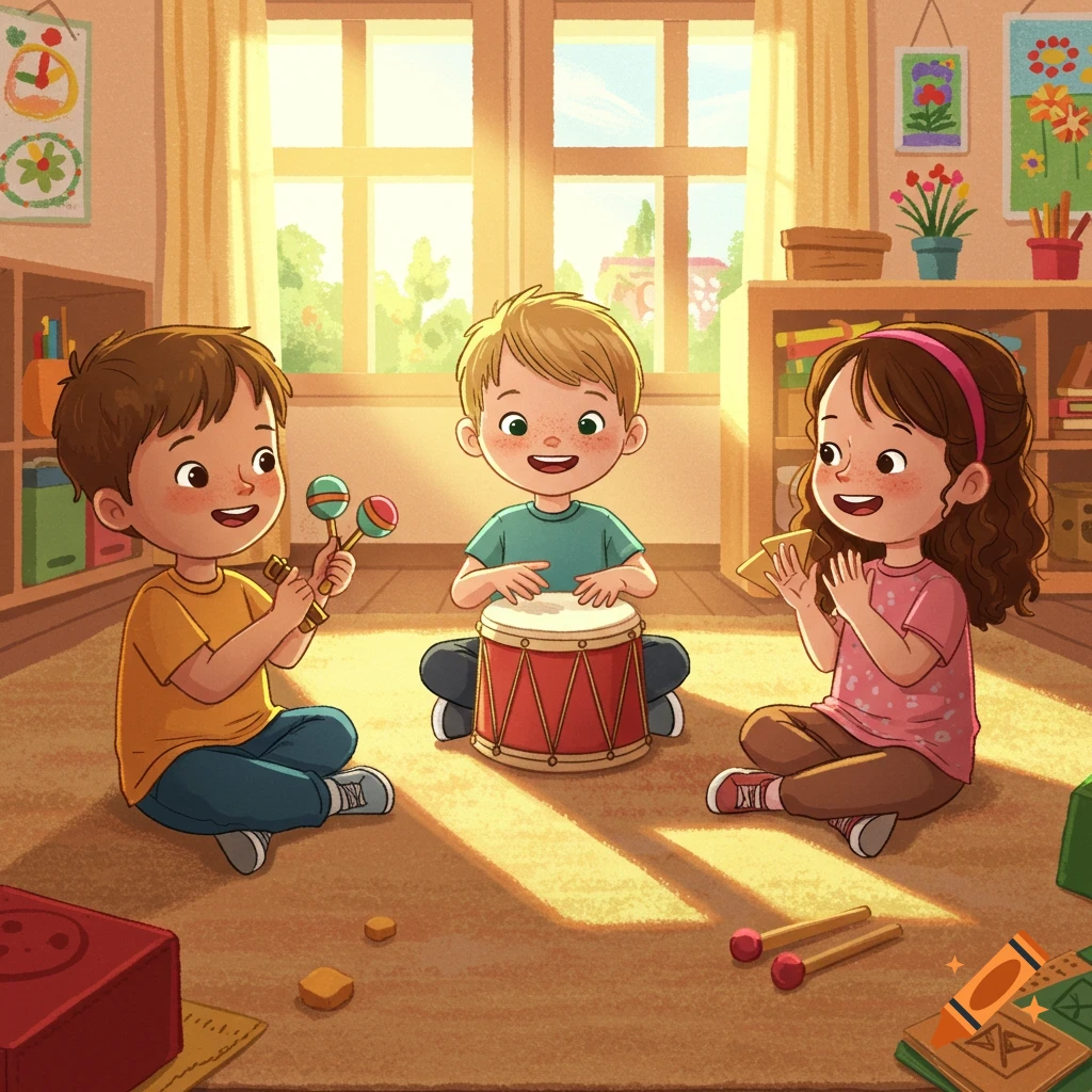 Three cartoon children play musical instruments (maracas, drum, rhythm sticks) in a sunny kindergarten room, sitting on the floor.