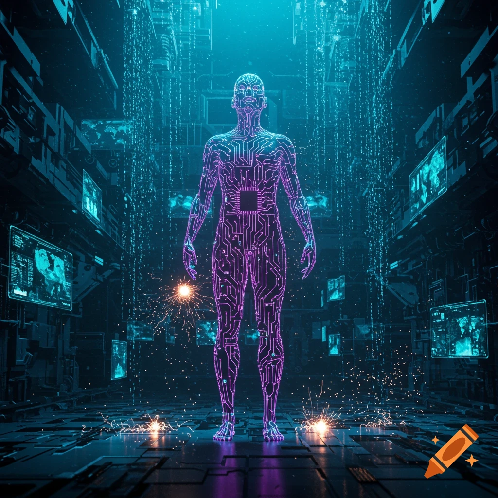 Glowing purple circuit board human figure in a dark, blue-lit futuristic server room with data streams.