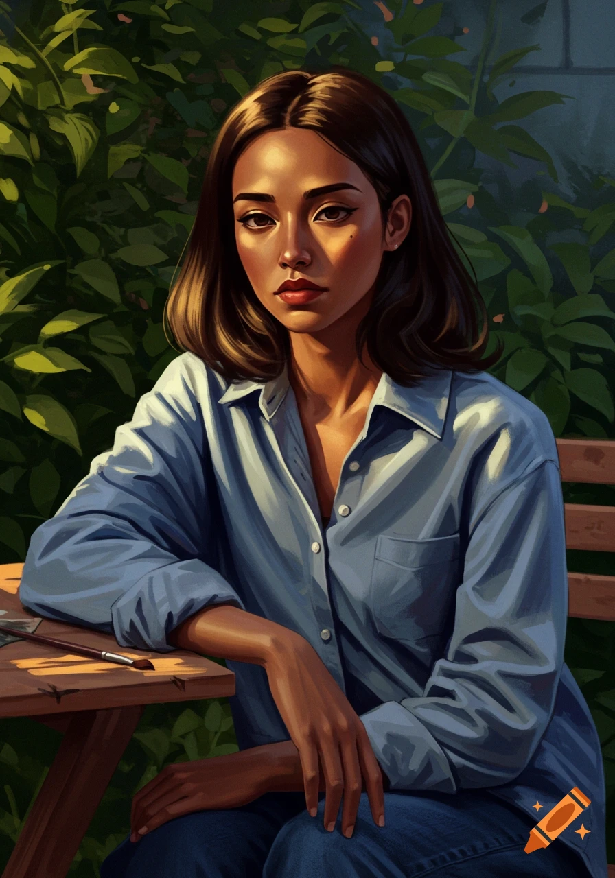 Digital painting of a woman in a blue shirt and jeans, sitting at a table with a paintbrush, bathed in sunlight against a green foliage background.