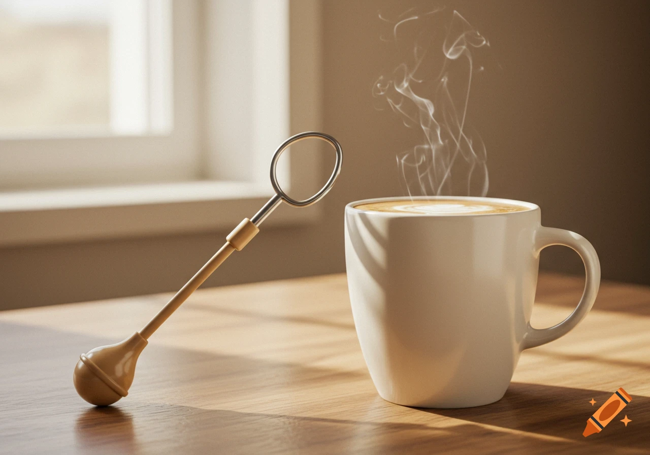 A stylized speech therapy stick rests beside a steaming mug of coffee on a sunlit wooden table near a window, photorealistic.