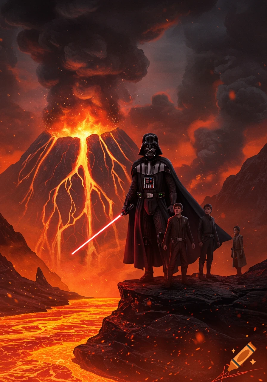 Darth Vader and three children stand on a cliff overlooking an erupting volcano with lava rivers under a smoky sky. Vader holds a red lightsaber.