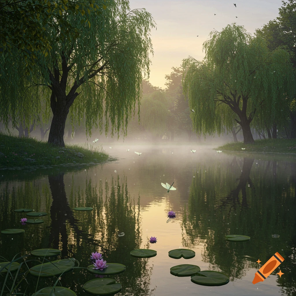 A serene landscape with weeping willow trees surrounding a misty pond at sunrise, featuring water lilies and dragonflies.
