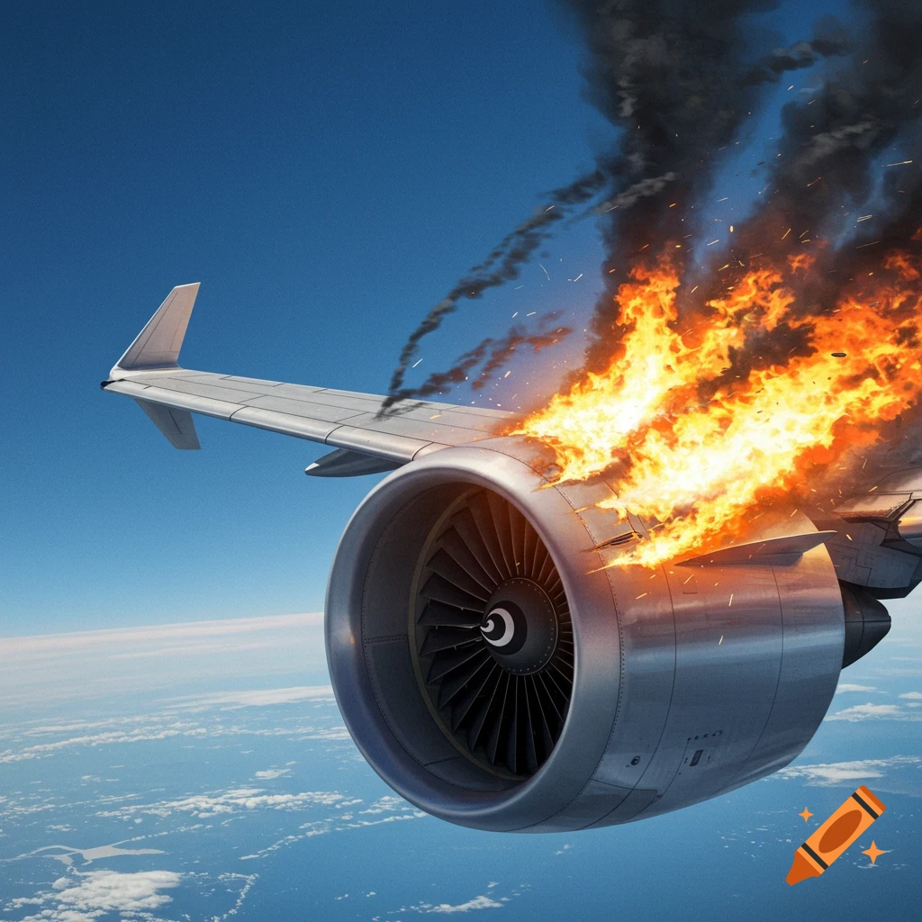 Photorealistic image of an airplane engine on fire with thick black smoke billowing over the wing against a blue sky.