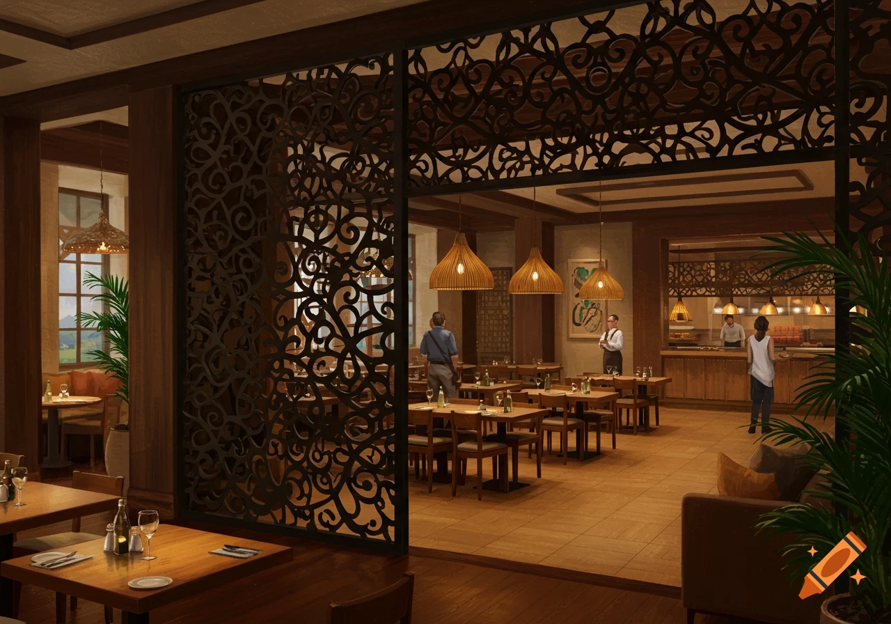 A photorealistic rendering of a dining hall interior with a decorative wooden dividing wall, tables, chairs, and pendant lights.