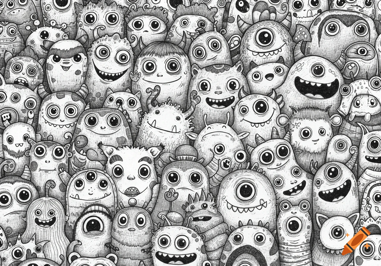 Black and white pen drawing of numerous cute, silly monsters with large eyes and varied expressions filling the entire frame.